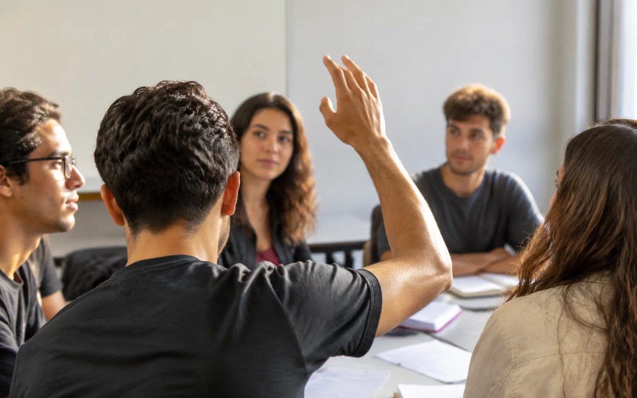 Grupo pequeno reunido em volta da mesa, ouvindo a fala de quem tem a palavra